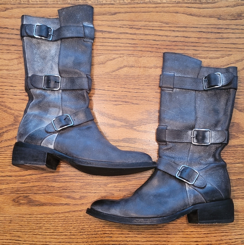 Rezzo Distressed Black White Genuine Leather Moto Combat Shoes Tall Boots